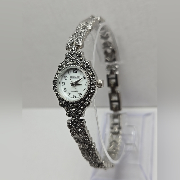 Womens Kessaris Watch 20mm Silver Tone Marcasite Mother of Pearl New Battery - Picture 2 of 9